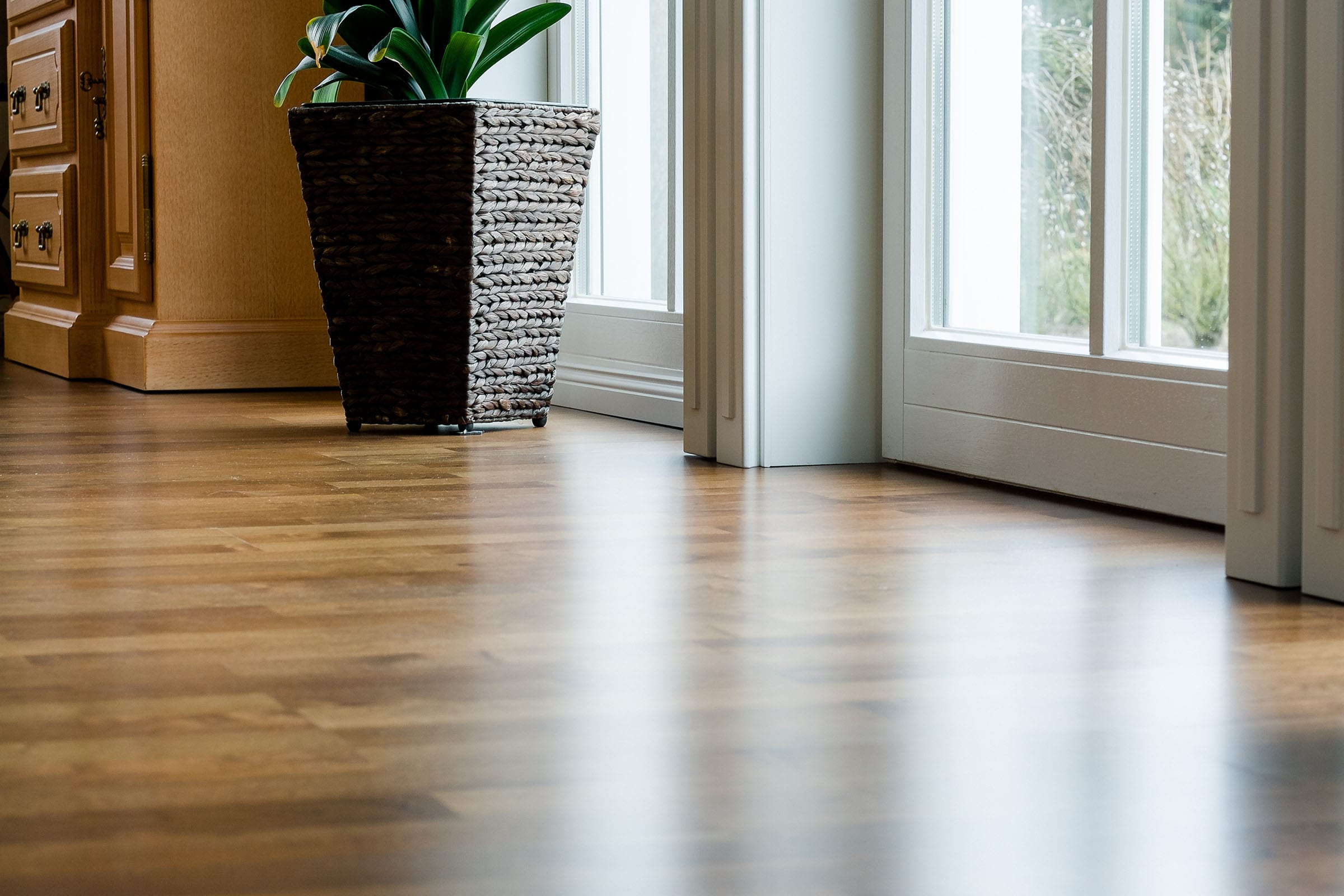 Wooden floor with plant in wicker pot next to window.